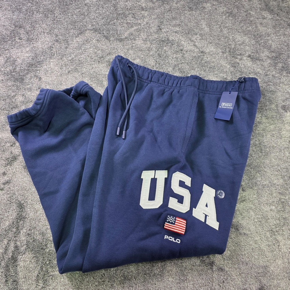 Polo Ralph Lauren USA American Flag Fleece Jogger Sweatpants Mens Large Blue